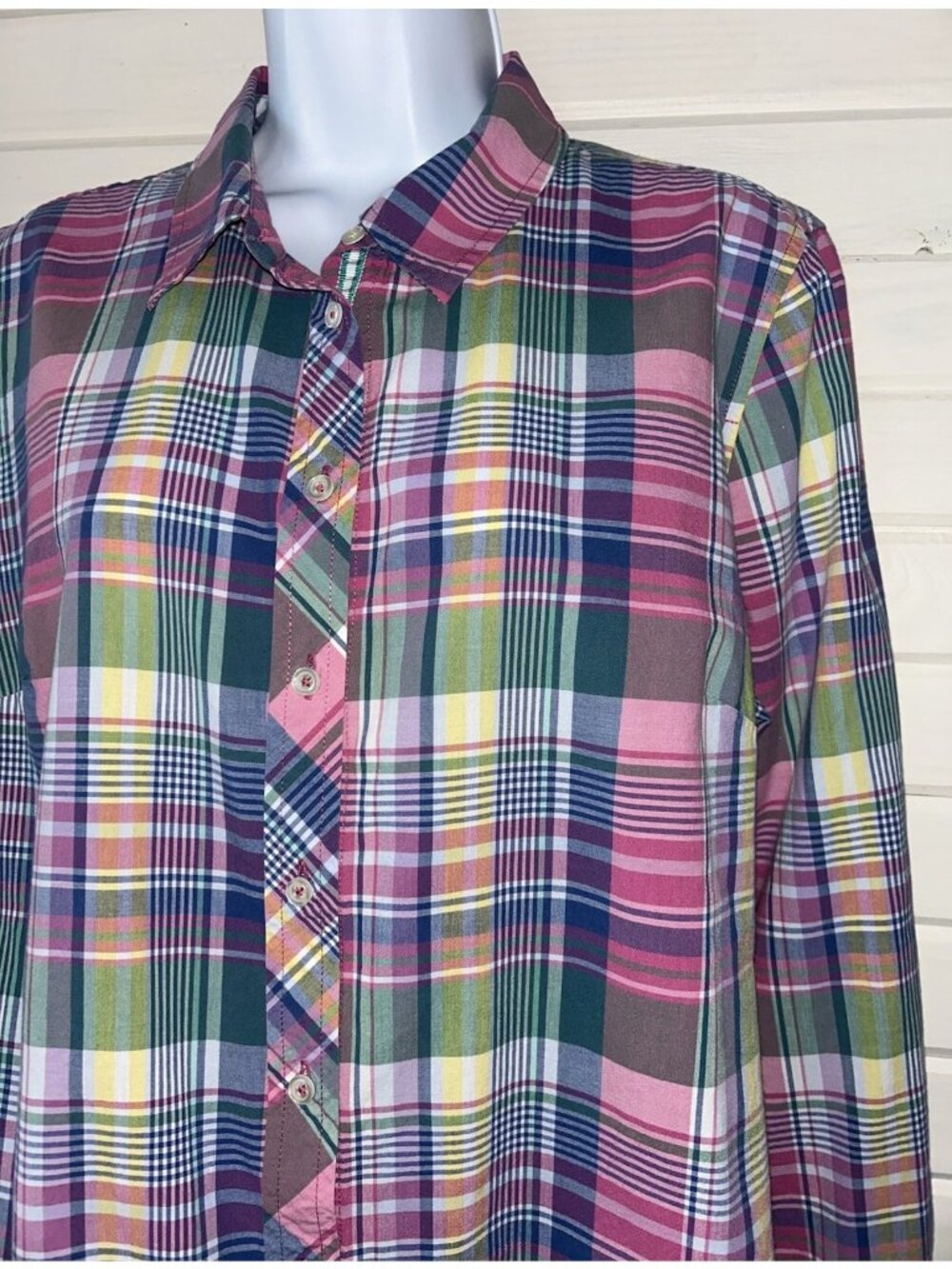 Talbots Sz LARGE (See Meas) Pink Blue Plaid Madras Cotton Button Shirt EUC